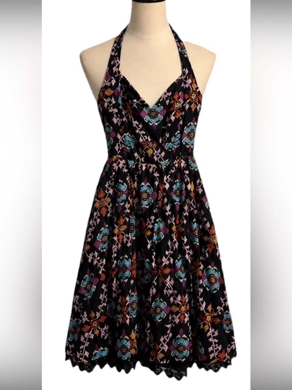Edme & Esyllte Black Multicolor Floral Halter Midi Dress W/ Lace Trim Size 0